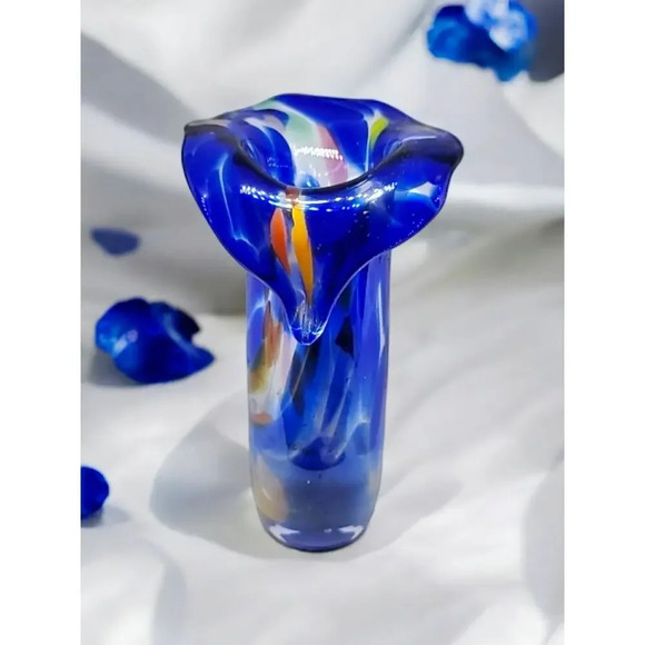 Blue Confetti Jack in the Pulpit Art Glass Hand Blown Vase - Picture 1 of 10